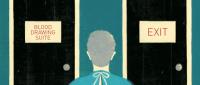 Illustration of a person in a hospital gown standing between two doors labeled "Blood Drawing Suite" and "Exit."